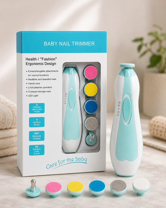 Baby nail trimmer set with its retail box, shown on a soft neutral background. The set includes a mint and white electric nail trimmer, six interchangeable nail files in pink, yellow, blue, gray, and white, and the product packaging labeled 'BABY NAIL TRIMMER'.