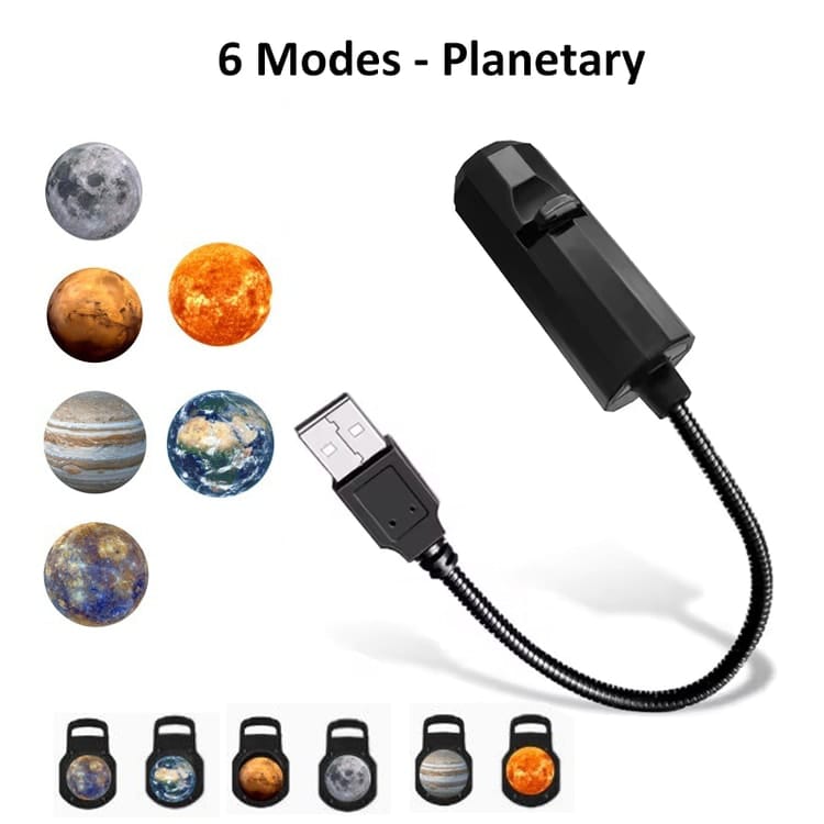 USB 6-Mode Planetary Projector Lamp with 360° rotating Moon, Earth, Mars, Jupiter and Sun projections for bedroom décor and kids' rooms.
