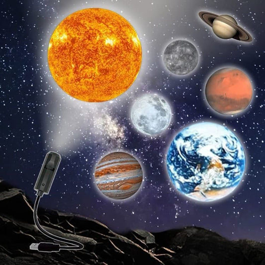 USB 6-Mode Planetary Projector Lamp with 360° rotating Moon, Earth, Mars, Jupiter and Sun projections for bedroom décor and kids' rooms.